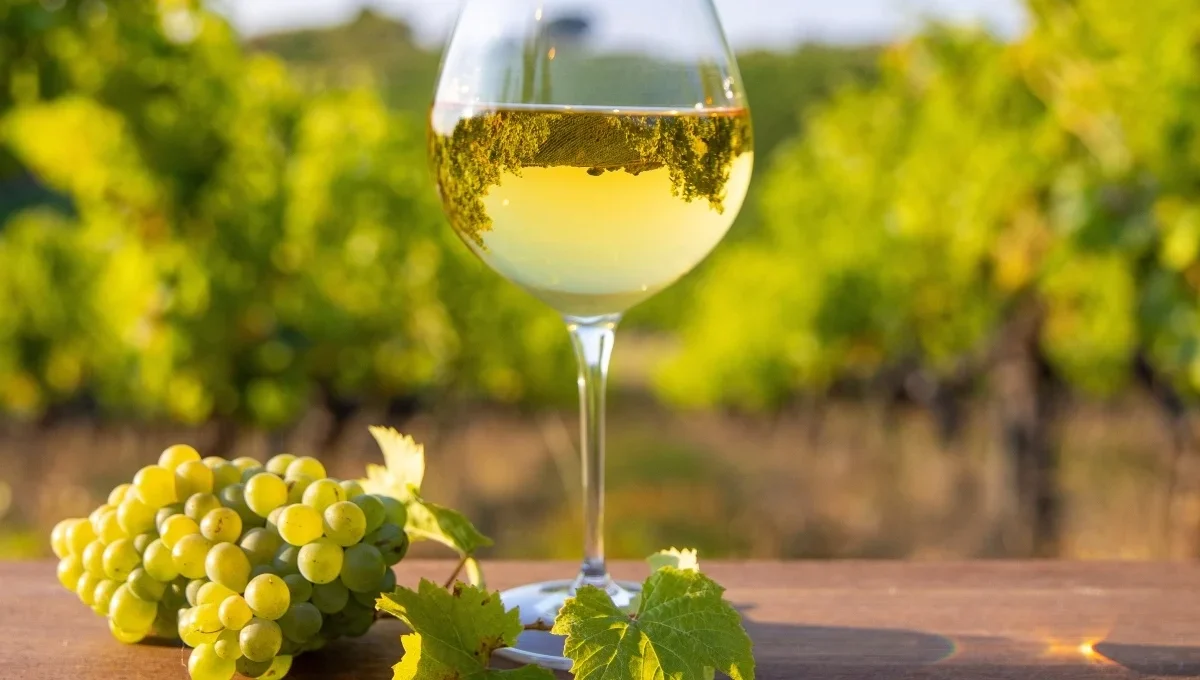 A glass of pale Viorica white wine, Moldova's aromatic indigenous variety known for floral acacia and basil aromas.