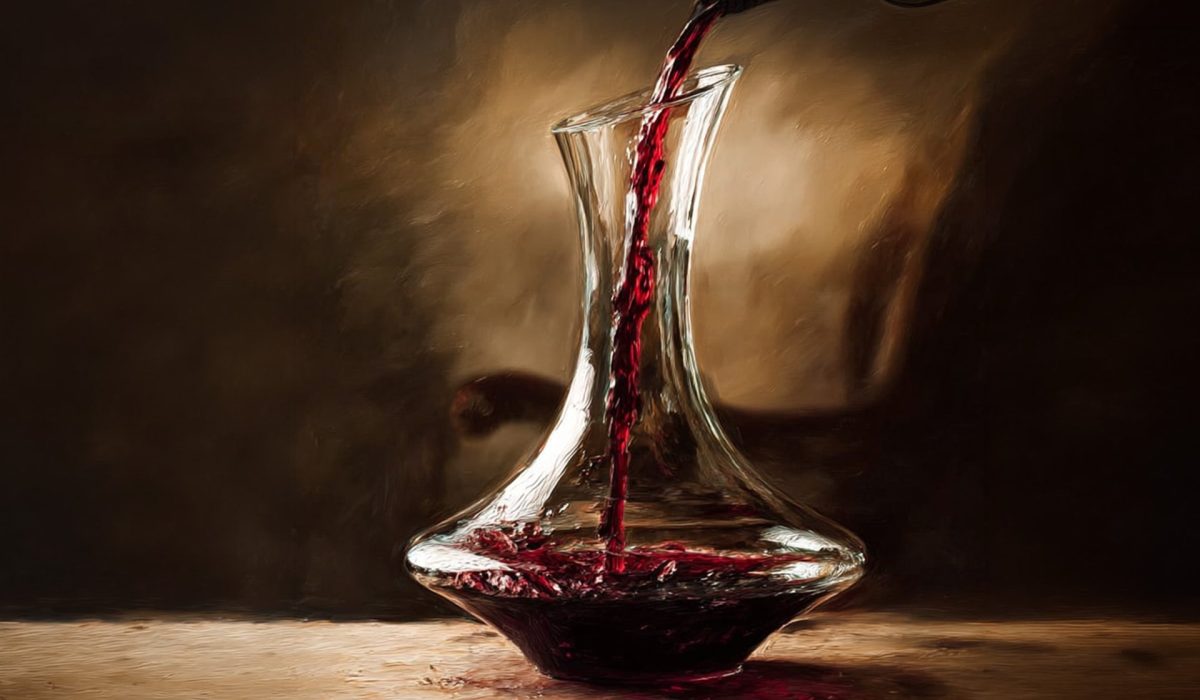 Red wine being poured into a glass decanter to aerate and separate it from sediment before serving.