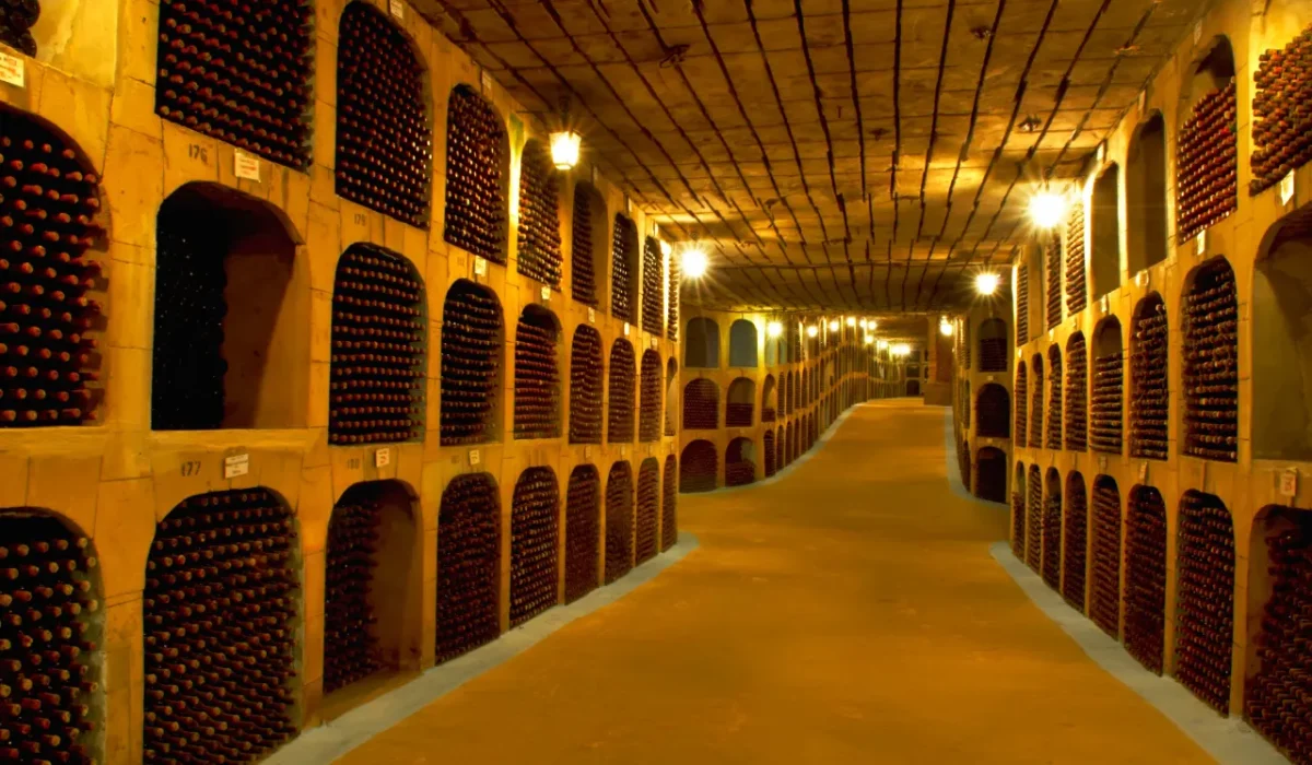 Bottles of wine resting in the underground galleries of Cricova winery, Moldova's famous underground wine city.