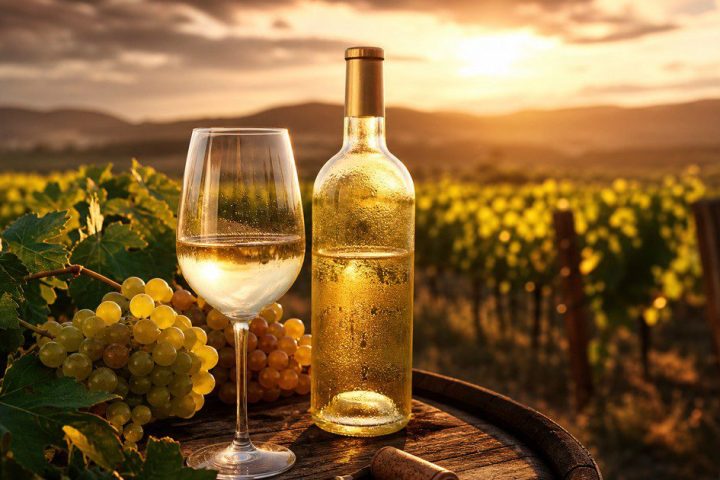 A glass of Moldovan white wine, crisp, floral and aromatic, poured from the bottle.
