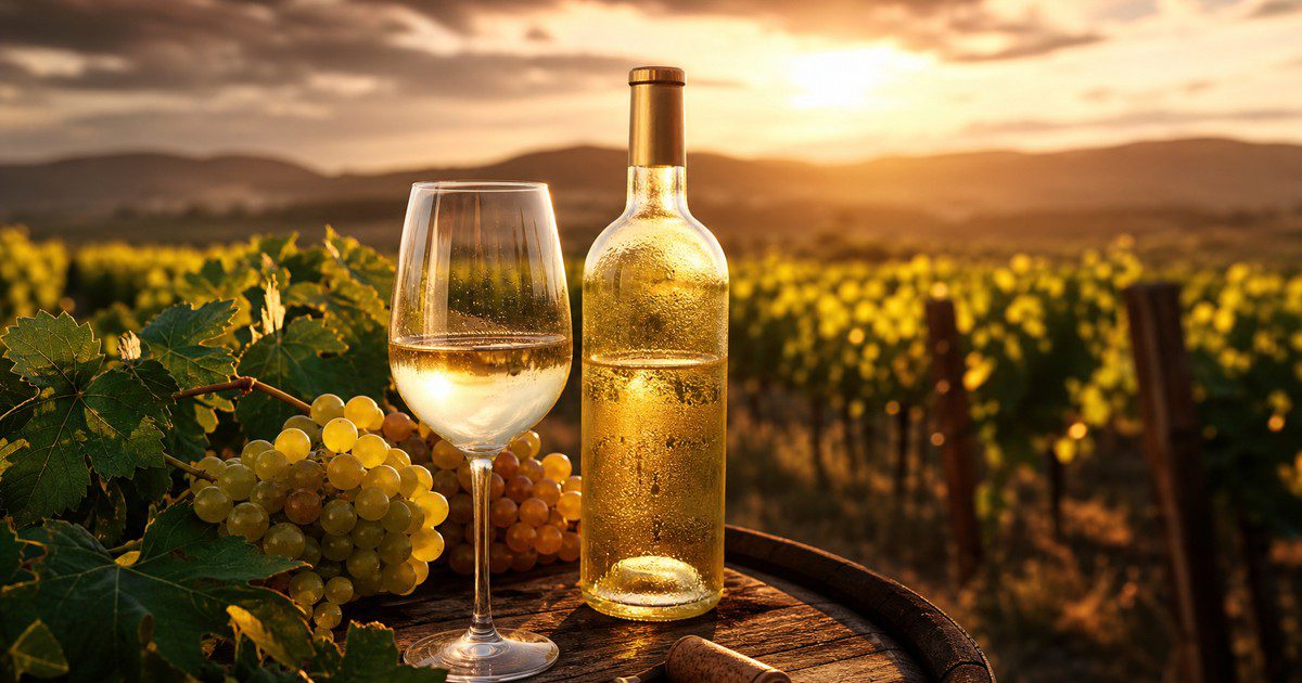 A glass of Moldovan white wine, crisp, floral and aromatic, poured from the bottle.