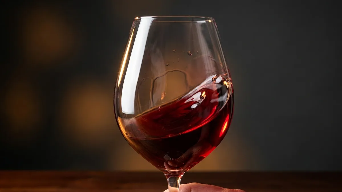 A hand swirling a glass of red wine by the stem to release its aromas during a wine tasting.