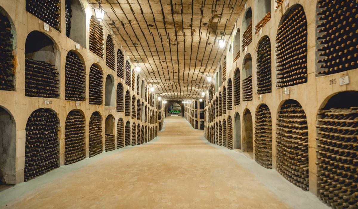 Wine bottles stored along the limestone tunnels of Mileștii Mici, the largest wine cellar in the world in Moldova.