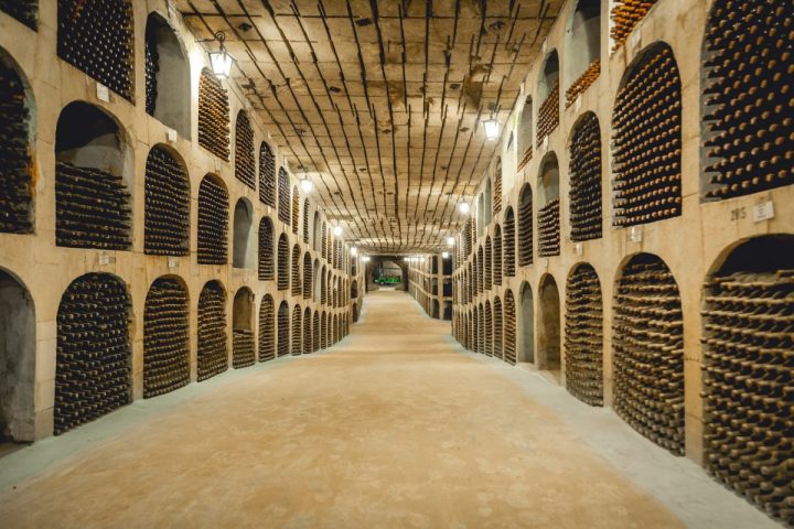 Wine bottles stored along the limestone tunnels of Mileștii Mici, the largest wine cellar in the world in Moldova.
