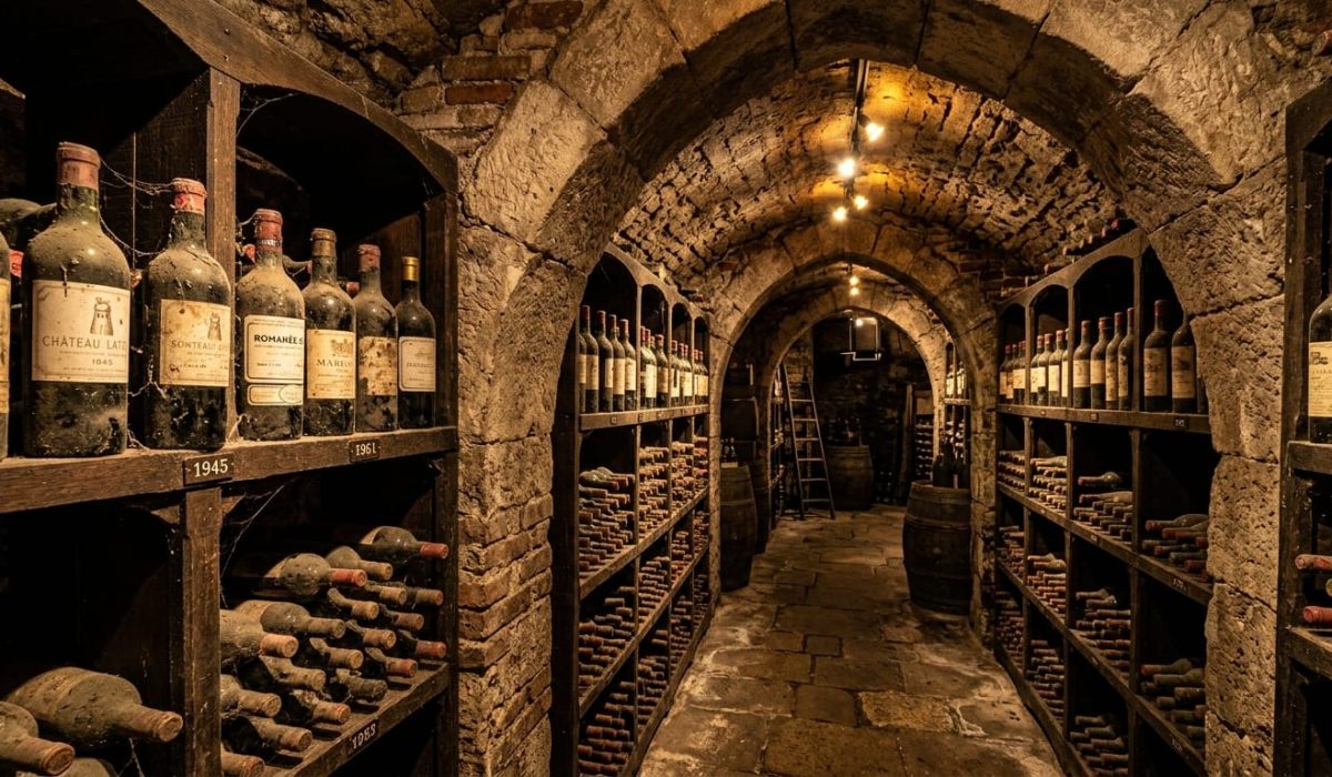 Endless rows of bottles resting in an underground Moldovan wine cellar vault, part of the world's largest wine collection.