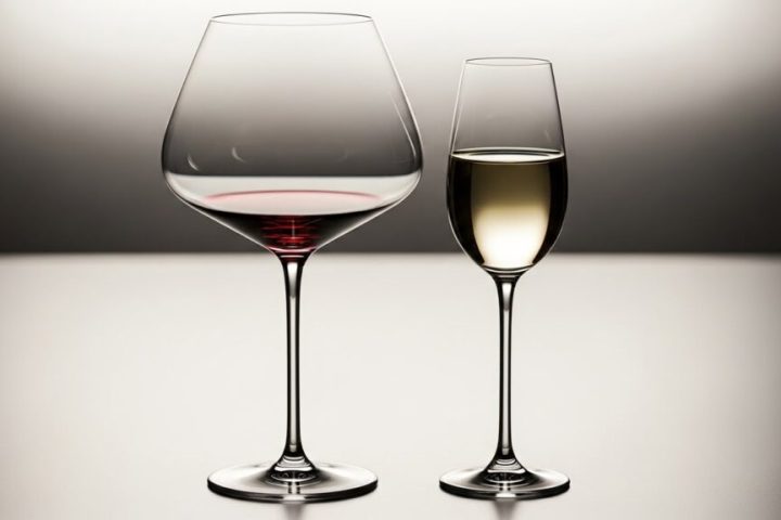Red and white wine glasses of different shapes standing side by side, showing how glassware varies by wine style.