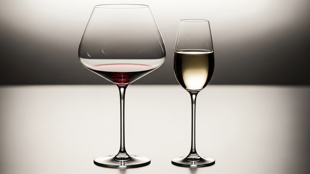 Red and white wine glasses of different shapes standing side by side, showing how glassware varies by wine style.