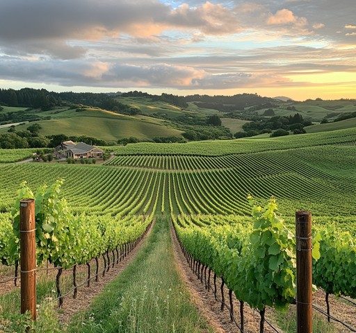 Golden sunset over neat vineyard rows on the rolling hills of the Moldova wine regions.