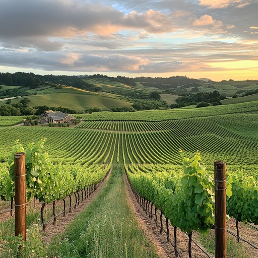 Golden sunset over neat vineyard rows on the rolling hills of the Moldova wine regions.