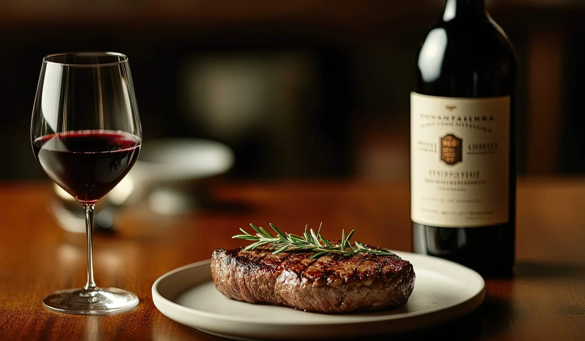 A grilled steak served on a table with a glass of red wine, a classic wine and meat pairing in action.
