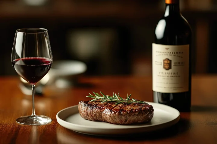 A grilled steak served on a table with a glass of red wine, a classic wine and meat pairing in action.