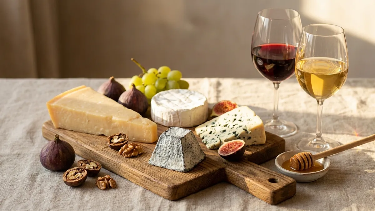 Papan keju berisi beragam keju disajikan bersama gelas wine sebagai contoh paduan wine dan keju.