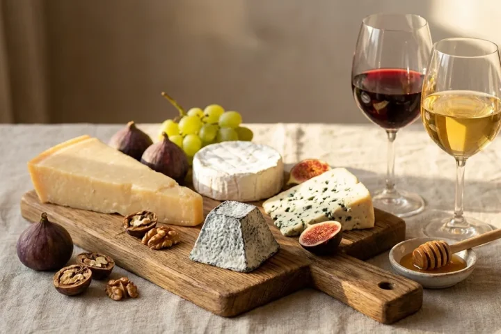 A cheese board with a glass of wine, showing classic cheese and wine pairing combinations for a tasting at home.